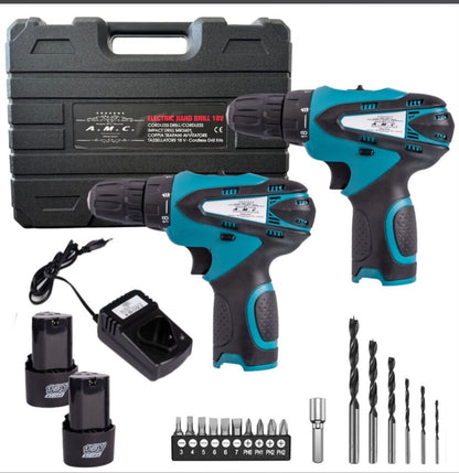 Coppia Trapano Avvitatore a Batteria Professionale 18V, 2 Batterie, 17 Accessori