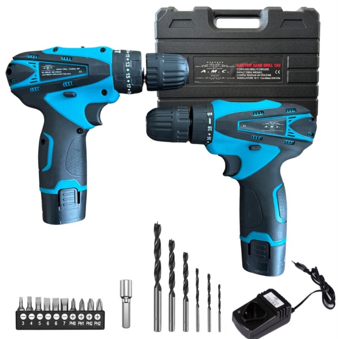 Coppia Trapano Avvitatore a Batteria Professionale 18V, 2 Batterie, 17 Accessori