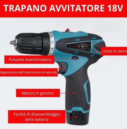 Coppia Trapano Avvitatore a Batteria Professionale 18V, 2 Batterie, 17 Accessori