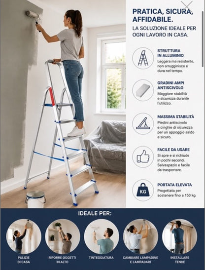 Scala Pieghevole in Alluminio 7 Gradini Piattaforma Antiscivolo Portata 150 KG