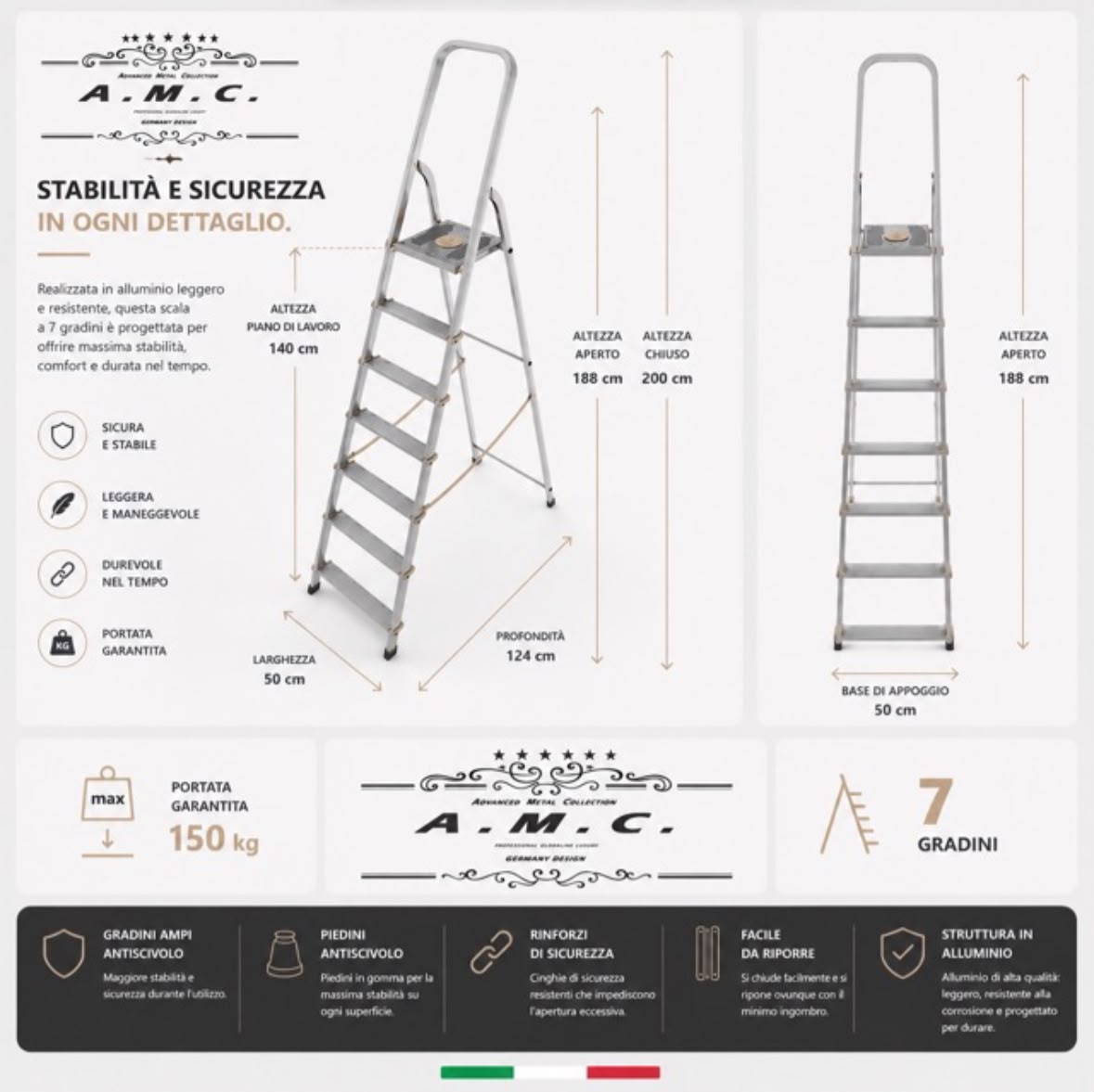 Scala Pieghevole in Alluminio 7 Gradini Piattaforma Antiscivolo Portata 150 KG