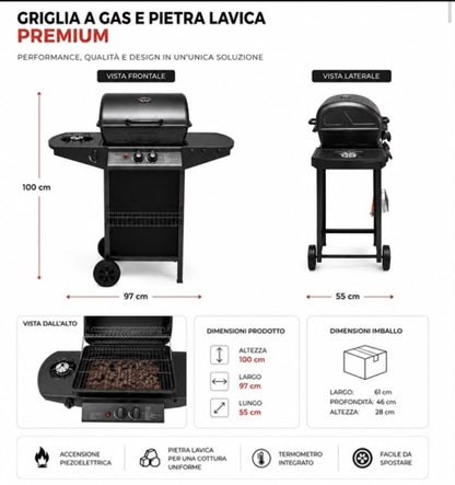 Barbecue A Gas Termometro Grill Pietra Portatile Con Fornello Laterale Ruote