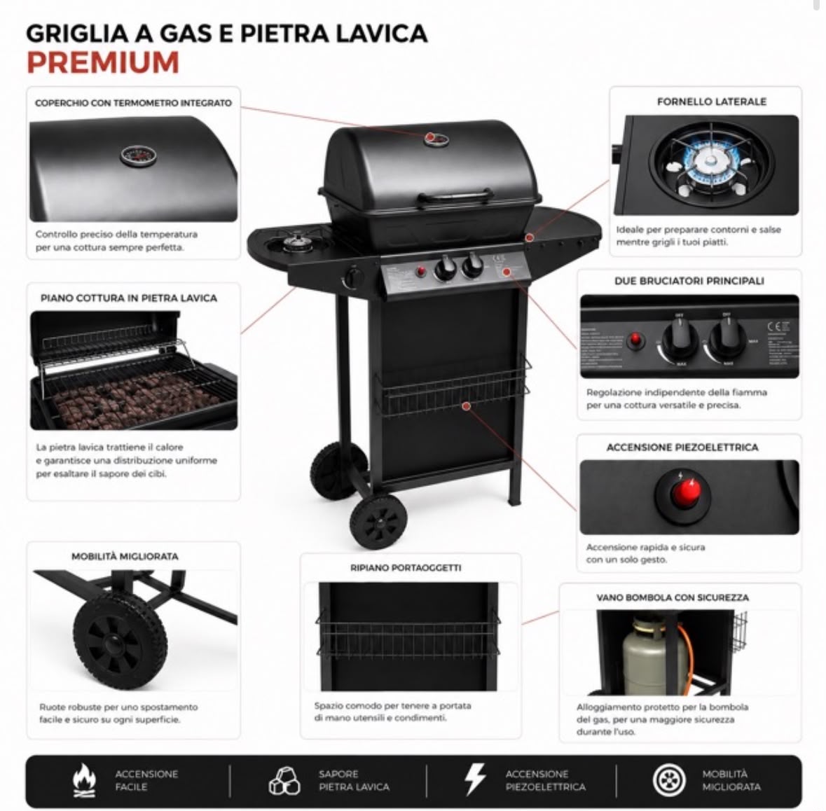 Barbecue A Gas Termometro Grill Pietra Portatile Con Fornello Laterale Ruote
