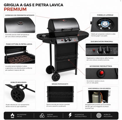 Barbecue A Gas Termometro Grill Pietra Portatile Con Fornello Laterale Ruote