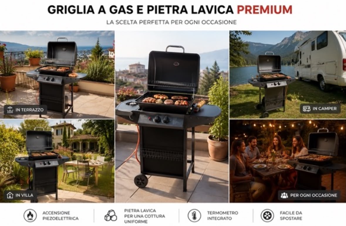 Barbecue A Gas Termometro Grill Pietra Portatile Con Fornello Laterale Ruote