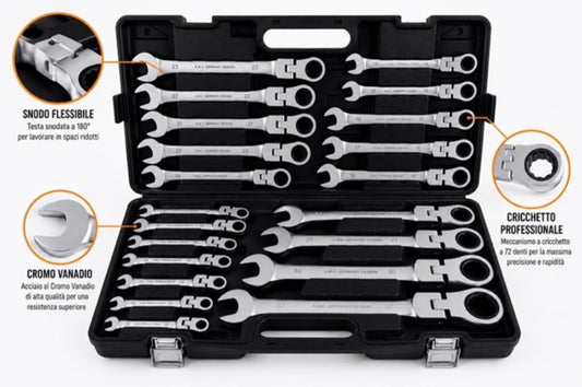 Set Chiavi Combinate a Cricchetto Con Snodo Snodabili 22pz Professionali