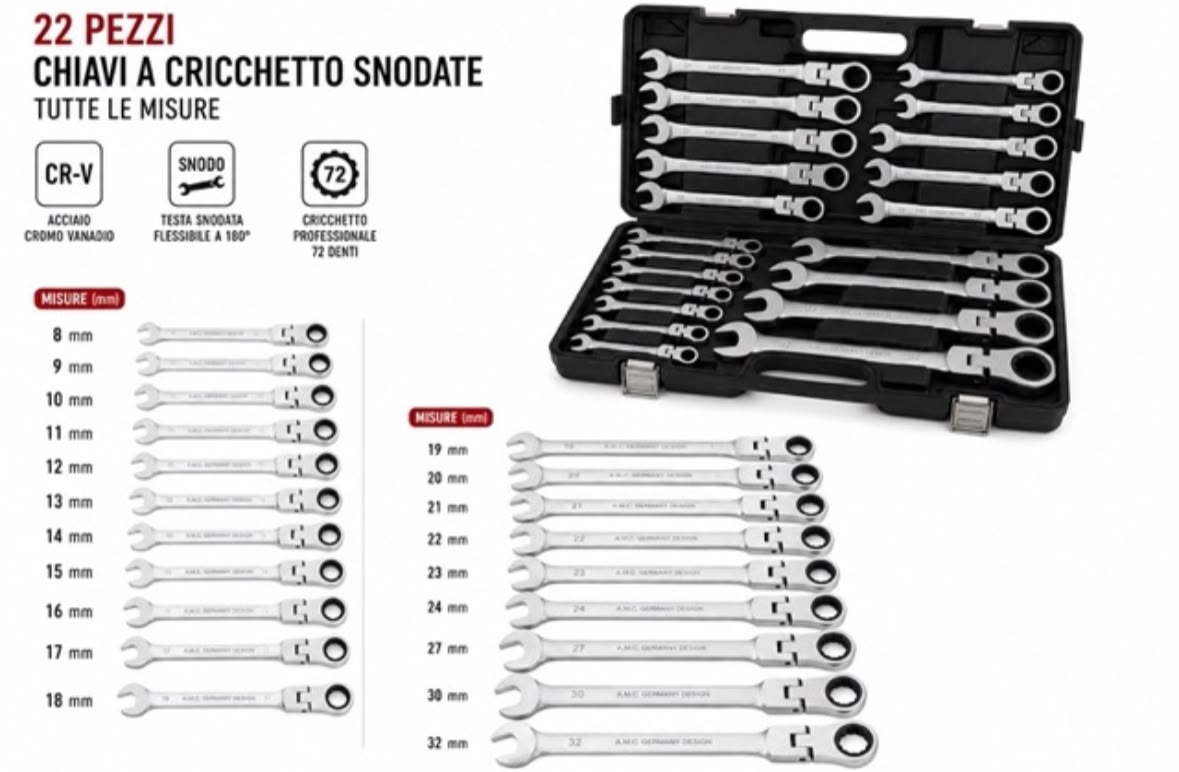 Set Chiavi Combinate a Cricchetto Con Snodo Snodabili 22pz Professionali