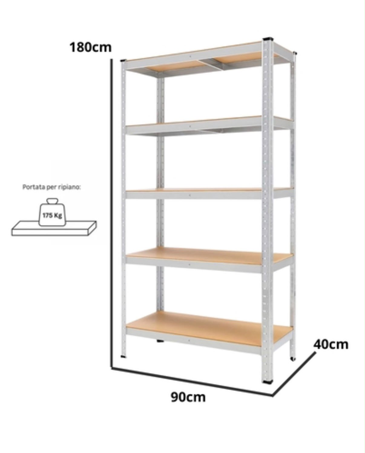 Scaffale in metallo zincato con 5 ripiani MDF rinforzati
